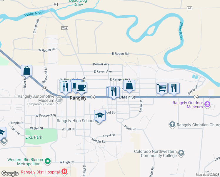 map of restaurants, bars, coffee shops, grocery stores, and more near 405 East Rangely Avenue in Rangely