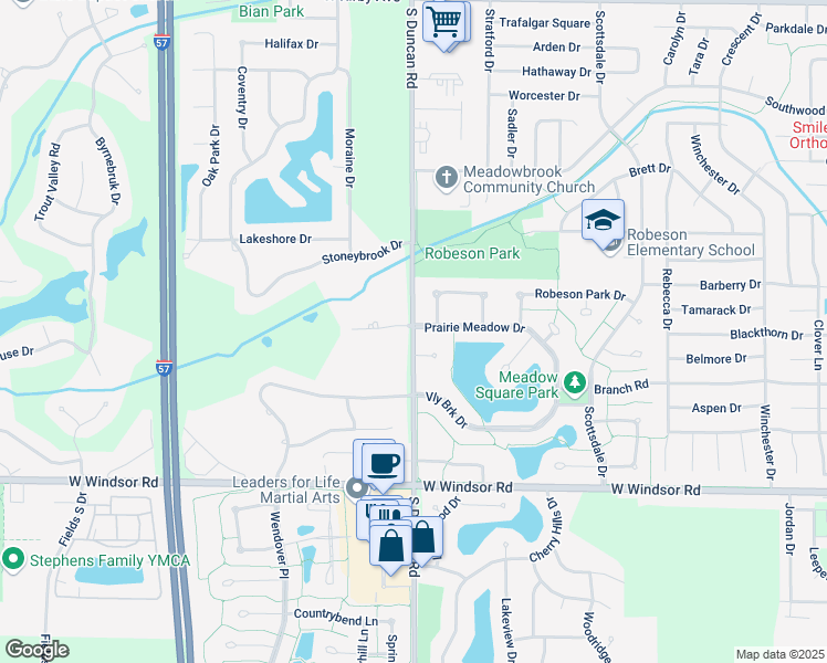 map of restaurants, bars, coffee shops, grocery stores, and more near 2912 Prairie Meadow Drive in Champaign