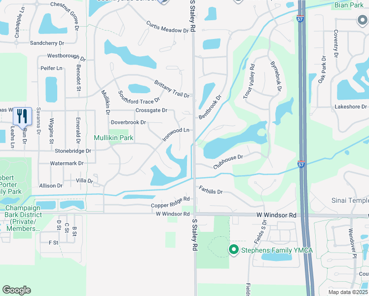 map of restaurants, bars, coffee shops, grocery stores, and more near 2105 Crossgate Court in Champaign