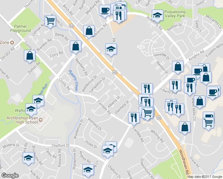map of restaurants, bars, coffee shops, grocery stores, and more near 12049 Covert Rd in Philadelphia