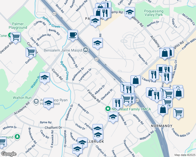 map of restaurants, bars, coffee shops, grocery stores, and more near 12049 Covert Road in Philadelphia