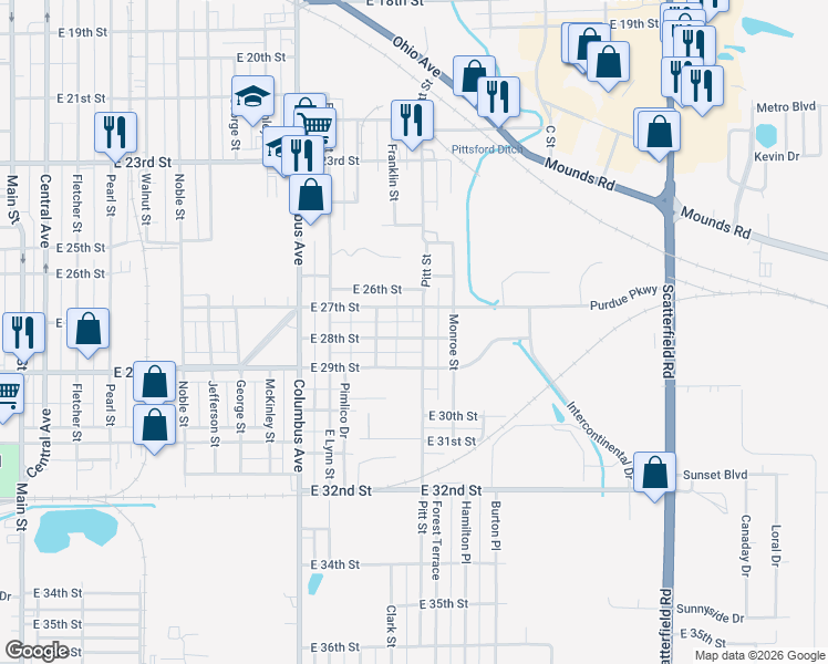 map of restaurants, bars, coffee shops, grocery stores, and more near 1318 East 28th Street in Anderson
