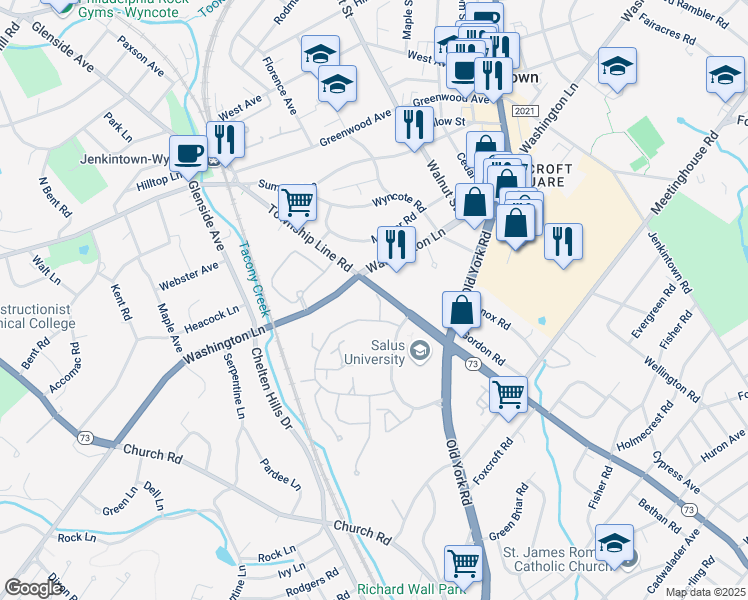 map of restaurants, bars, coffee shops, grocery stores, and more near 113 Blueberry Lane in Elkins Park