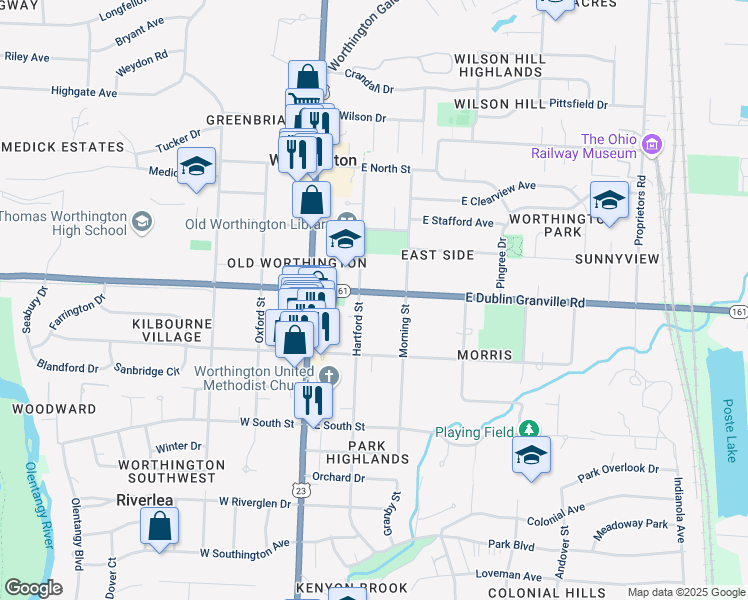 map of restaurants, bars, coffee shops, grocery stores, and more near 91 East Dublin Granville Road in Worthington