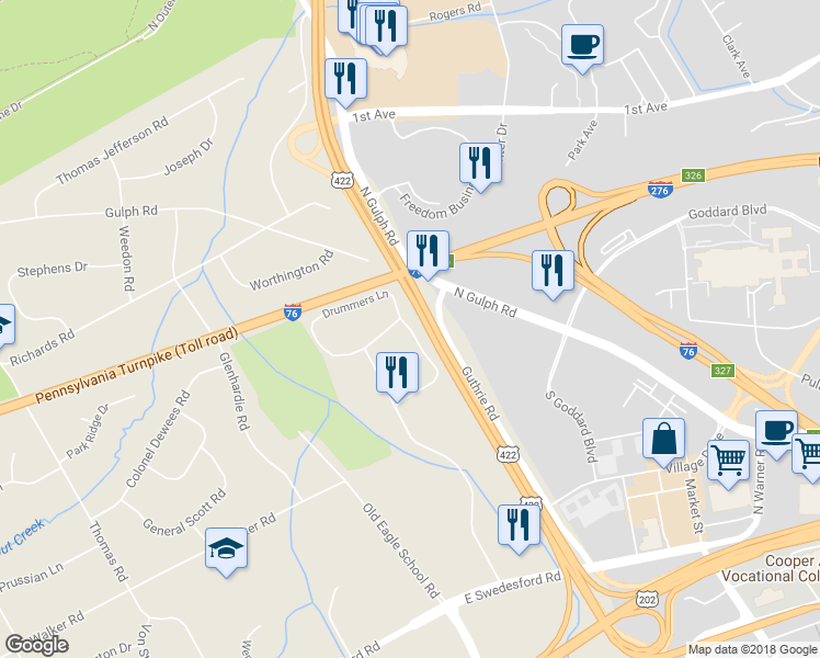 map of restaurants, bars, coffee shops, grocery stores, and more near 168 Drummers Lane in Wayne