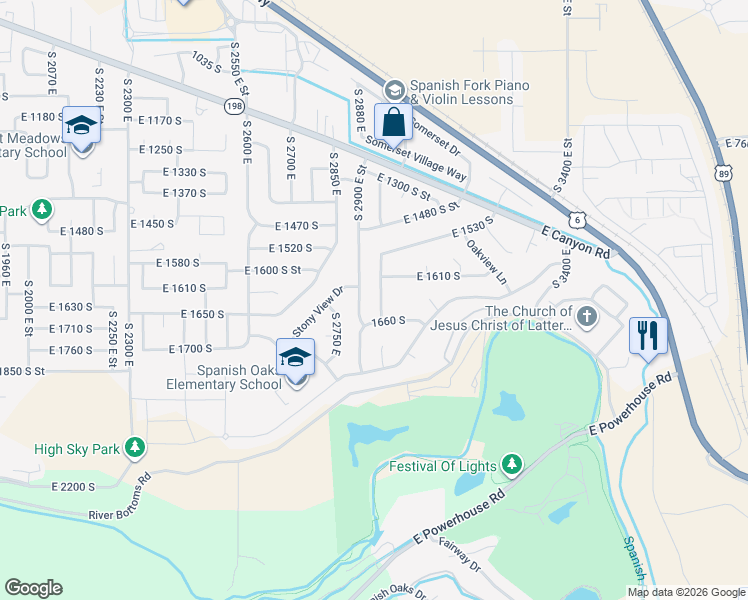 map of restaurants, bars, coffee shops, grocery stores, and more near 1624 South 2960 East Street in Spanish Fork