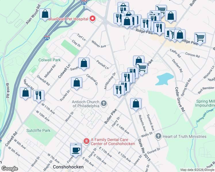 map of restaurants, bars, coffee shops, grocery stores, and more near 112 Archbishop Drive in Conshohocken