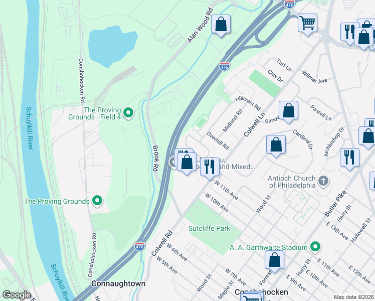 map of restaurants, bars, coffee shops, grocery stores, and more near 1228 Woodside Road in Conshohocken