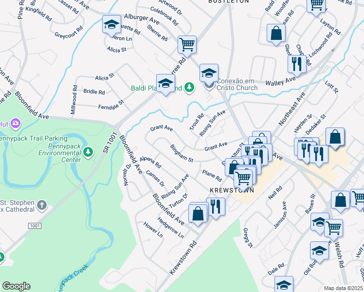 map of restaurants, bars, coffee shops, grocery stores, and more near 1050 Grant Avenue in Philadelphia