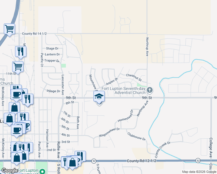 map of restaurants, bars, coffee shops, grocery stores, and more near 1703 Aspen Street in Fort Lupton