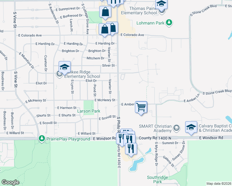 map of restaurants, bars, coffee shops, grocery stores, and more near 2209 South Philo Road in Urbana