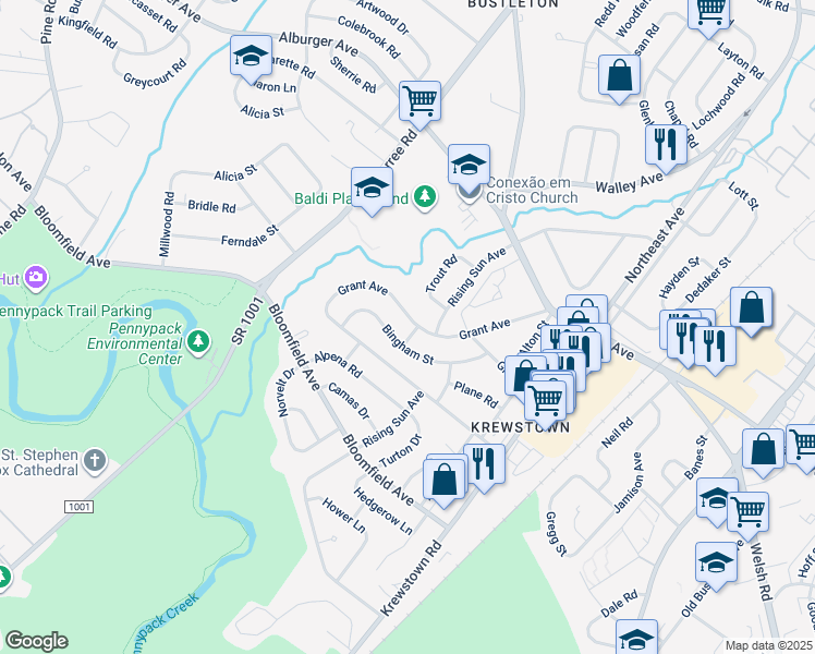 map of restaurants, bars, coffee shops, grocery stores, and more near 1050 Grant Avenue in Philadelphia