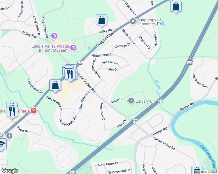 map of restaurants, bars, coffee shops, grocery stores, and more near 1074 Fondersmith Drive in Lancaster