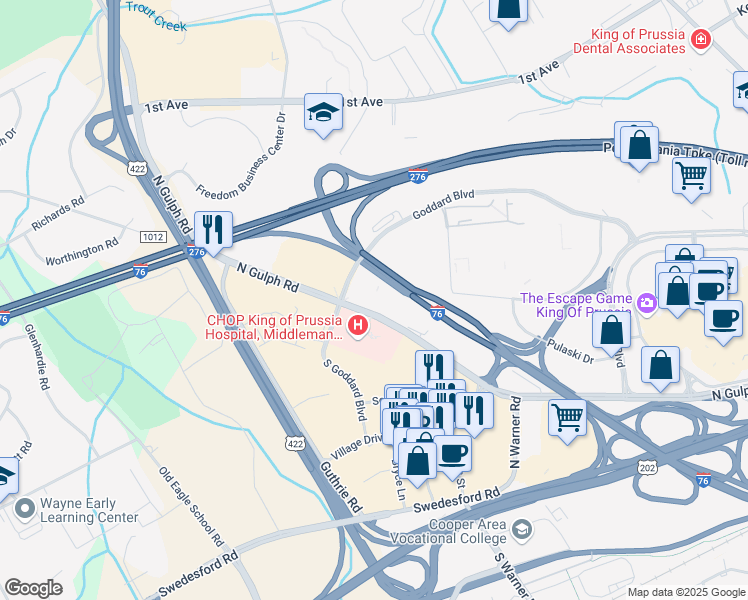 map of restaurants, bars, coffee shops, grocery stores, and more near 460 North Gulph Road in King of Prussia