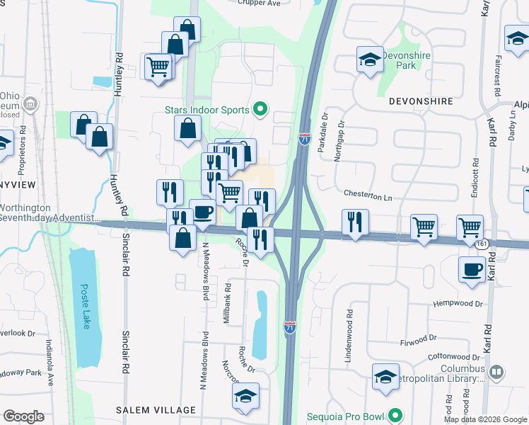 map of restaurants, bars, coffee shops, grocery stores, and more near 1070 East Dublin Granville Road in Columbus