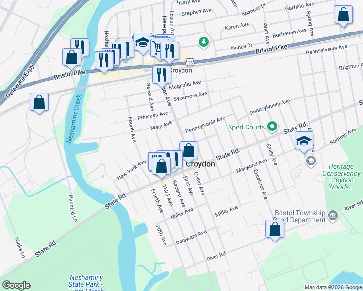map of restaurants, bars, coffee shops, grocery stores, and more near 603 1st Avenue in Croydon