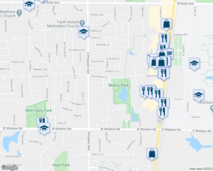 map of restaurants, bars, coffee shops, grocery stores, and more near 701 Devonshire Drive in Champaign