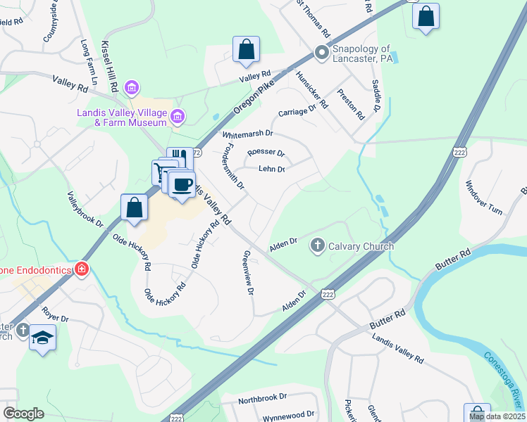 map of restaurants, bars, coffee shops, grocery stores, and more near 1074 Fondersmith Drive in Lancaster