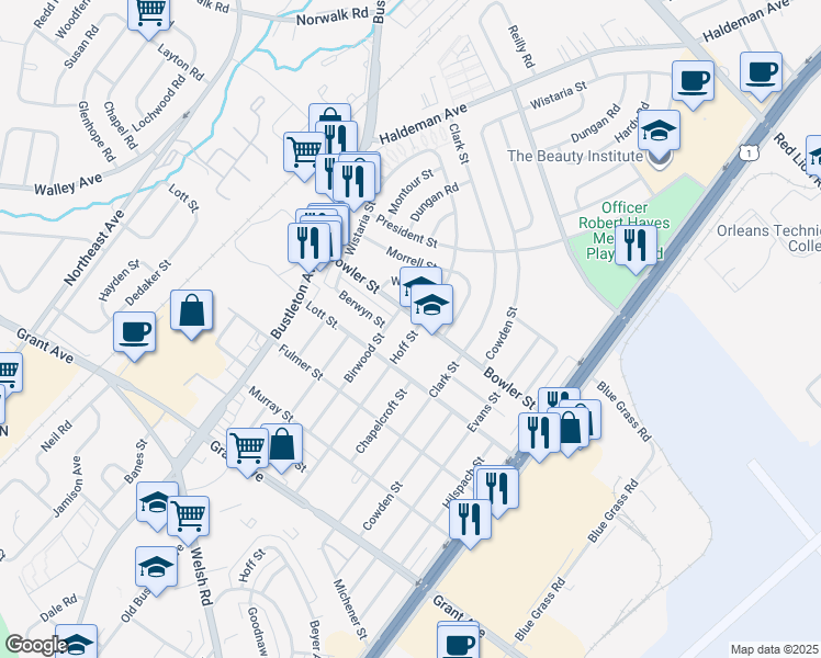 map of restaurants, bars, coffee shops, grocery stores, and more near 9733 Hoff Street in Philadelphia
