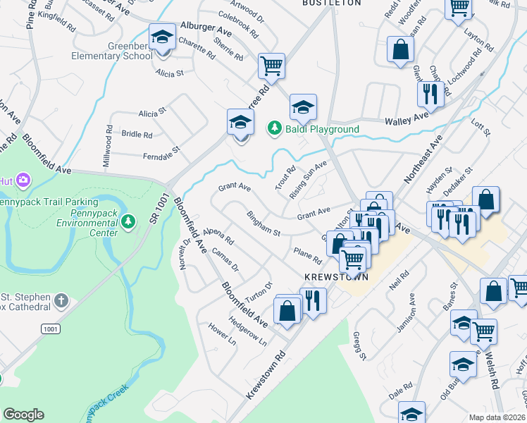 map of restaurants, bars, coffee shops, grocery stores, and more near 1057 Grant Avenue in Philadelphia