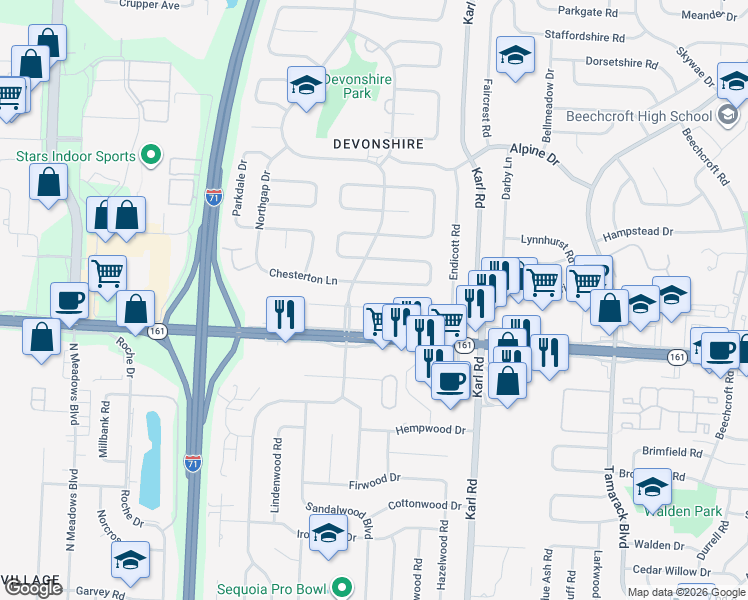 map of restaurants, bars, coffee shops, grocery stores, and more near 1381 Chesterton Square South in Columbus
