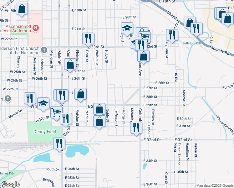 map of restaurants, bars, coffee shops, grocery stores, and more near 725 East 27th Street in Anderson