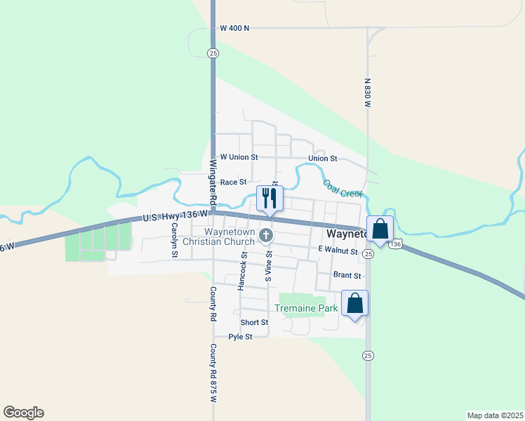 map of restaurants, bars, coffee shops, grocery stores, and more near 113 Market Street in Waynetown