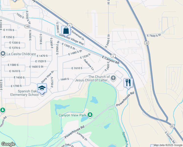 map of restaurants, bars, coffee shops, grocery stores, and more near 3176 East Canyon Road in Spanish Fork