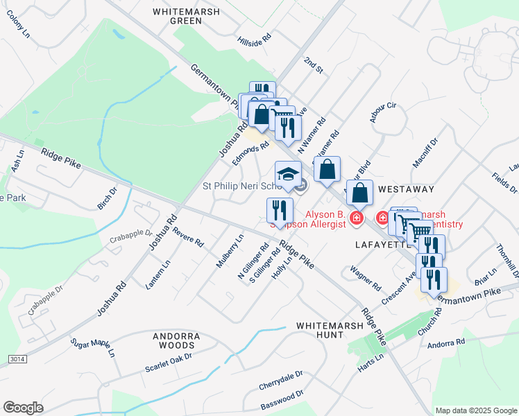 map of restaurants, bars, coffee shops, grocery stores, and more near 429 Ridge Pike in Montgomery County