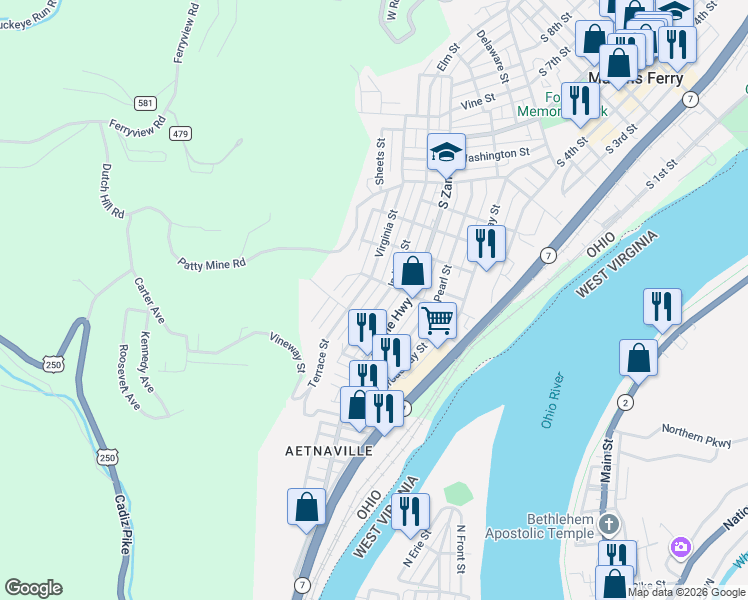 map of restaurants, bars, coffee shops, grocery stores, and more near 1104 Virginia Street in Martins Ferry