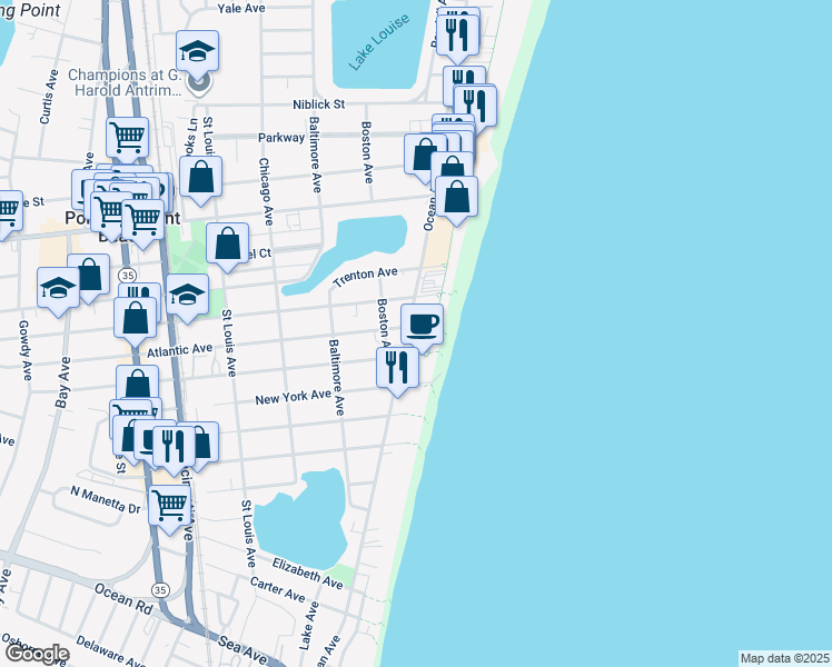 map of restaurants, bars, coffee shops, grocery stores, and more near 900 Ocean Avenue in Point Pleasant Beach