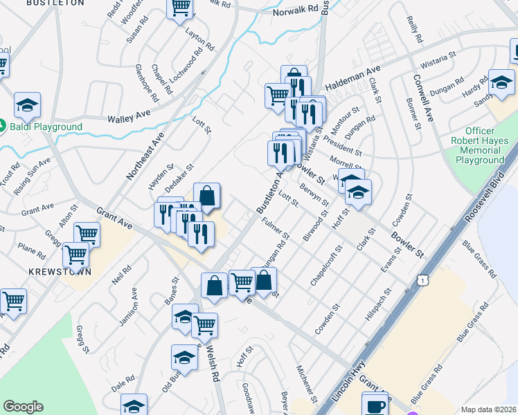 map of restaurants, bars, coffee shops, grocery stores, and more near 9726 Bustleton Avenue in Philadelphia