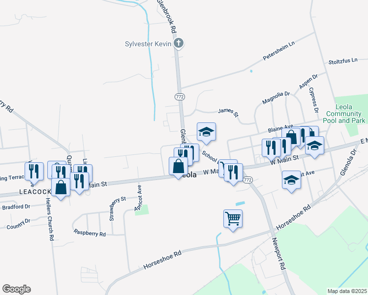 map of restaurants, bars, coffee shops, grocery stores, and more near 25 Glenbrook Road in Leacock-Leola-Bareville