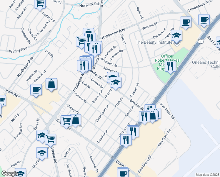 map of restaurants, bars, coffee shops, grocery stores, and more near 9733 Hoff Street in Philadelphia