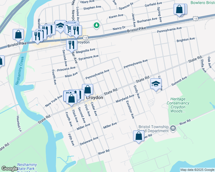 map of restaurants, bars, coffee shops, grocery stores, and more near 717 Washington Avenue in Croydon