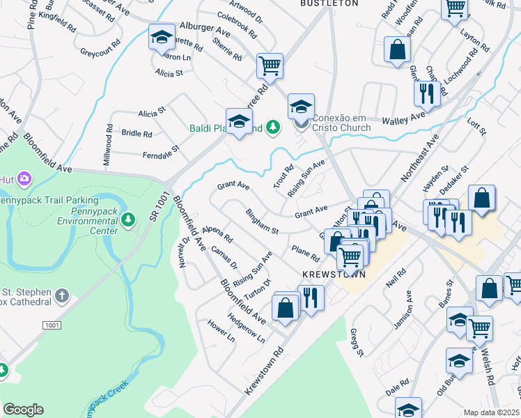 map of restaurants, bars, coffee shops, grocery stores, and more near 1048 Grant Avenue in Philadelphia