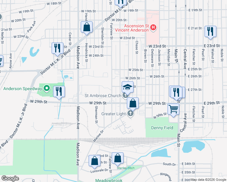 map of restaurants, bars, coffee shops, grocery stores, and more near 2702 Fairview Street in Anderson