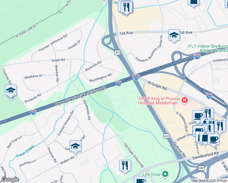 map of restaurants, bars, coffee shops, grocery stores, and more near 317 Drummers Lane in Wayne