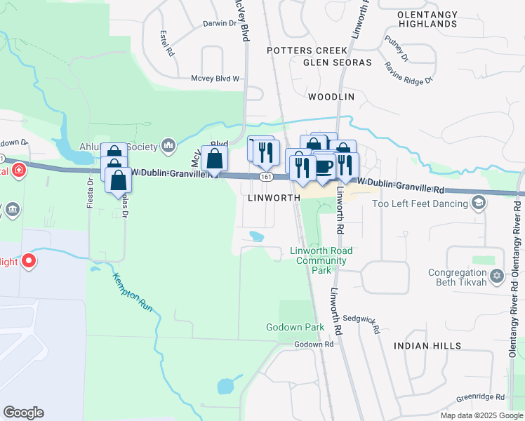 map of restaurants, bars, coffee shops, grocery stores, and more near 6380 Eberstark Drive in Columbus