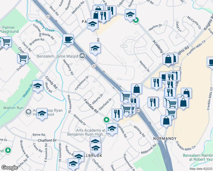 map of restaurants, bars, coffee shops, grocery stores, and more near 3850 Woodhaven Road in Philadelphia
