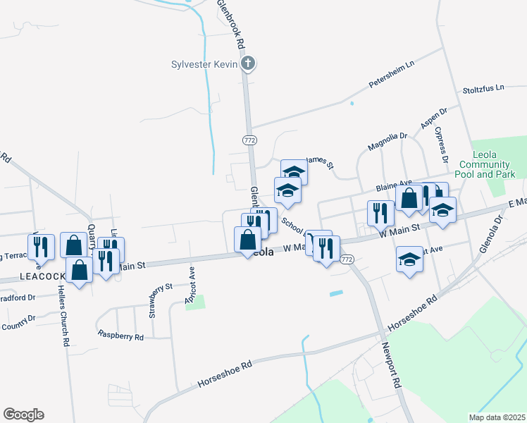map of restaurants, bars, coffee shops, grocery stores, and more near 24 School Drive in Leacock-Leola-Bareville