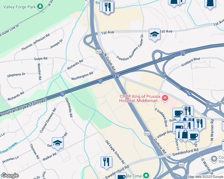 map of restaurants, bars, coffee shops, grocery stores, and more near 348 Drummers Lane in Wayne