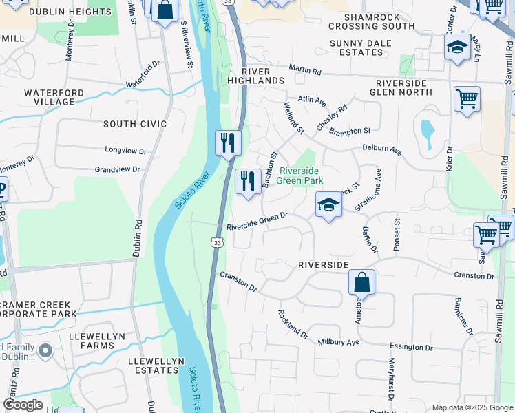 map of restaurants, bars, coffee shops, grocery stores, and more near 6577 Birchton Street in Dublin