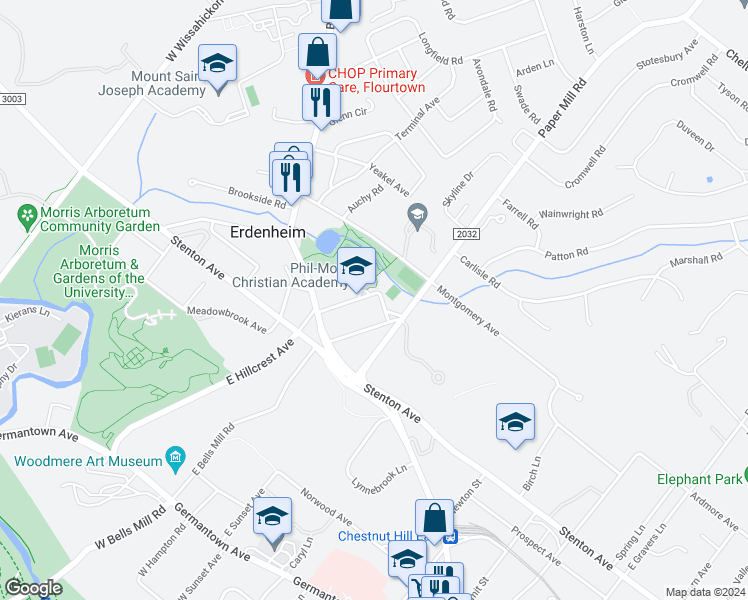 map of restaurants, bars, coffee shops, grocery stores, and more near 36 East Hillcrest Avenue in Glenside