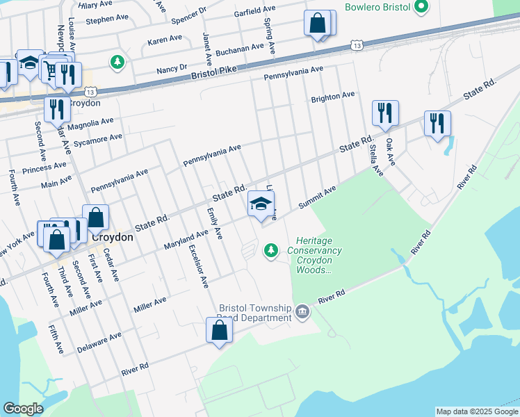 map of restaurants, bars, coffee shops, grocery stores, and more near 851 Keystone Street in Croydon