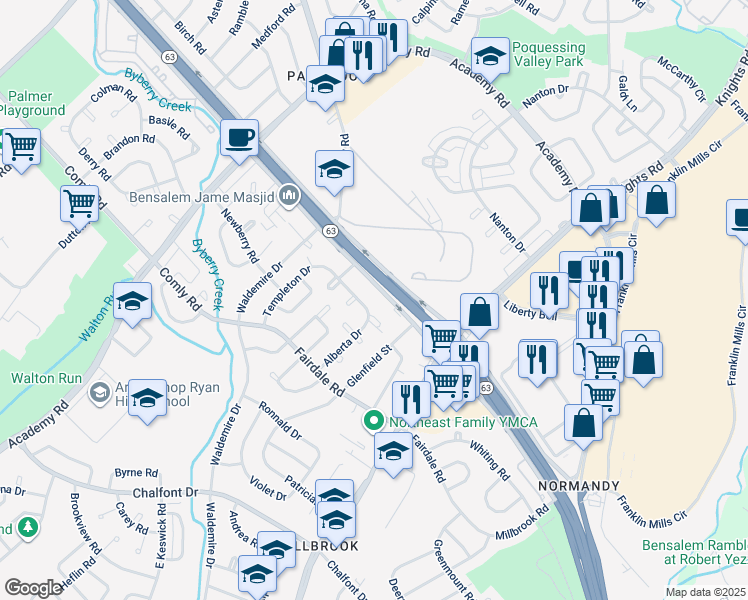 map of restaurants, bars, coffee shops, grocery stores, and more near 3850 Woodhaven Road in Philadelphia