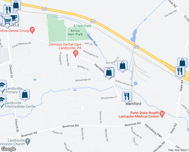 map of restaurants, bars, coffee shops, grocery stores, and more near 1504 McFarland Drive in Salunga-Landisville