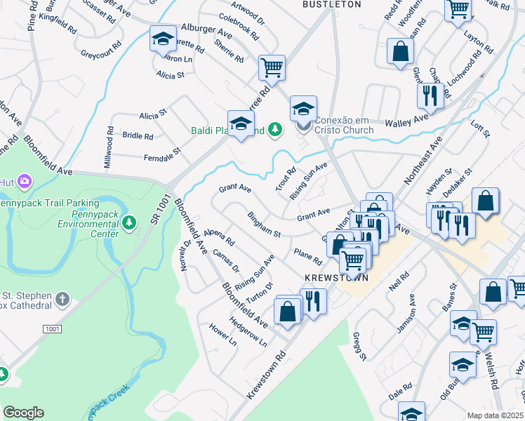 map of restaurants, bars, coffee shops, grocery stores, and more near 1048 Grant Avenue in Philadelphia