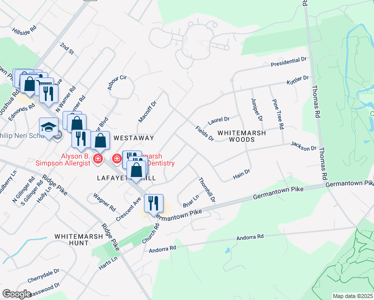 map of restaurants, bars, coffee shops, grocery stores, and more near 4036 Woodruff Road in Lafayette Hill