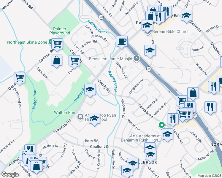 map of restaurants, bars, coffee shops, grocery stores, and more near 3301 Comly Road in Philadelphia